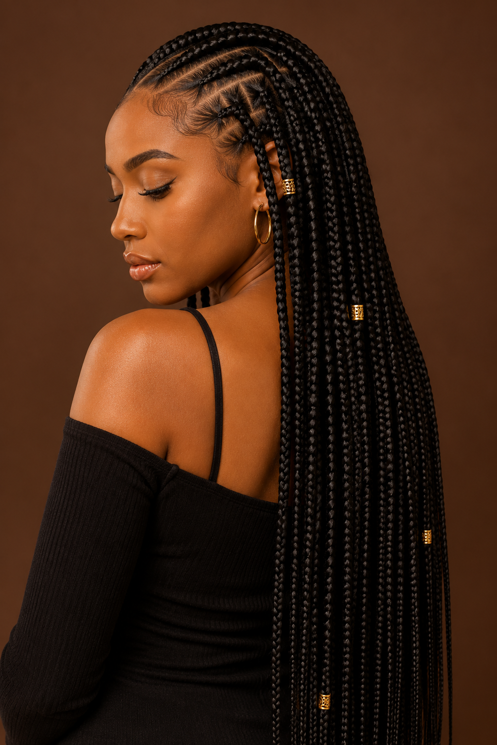 Model wearing full-length knotless braids with gold cuffs